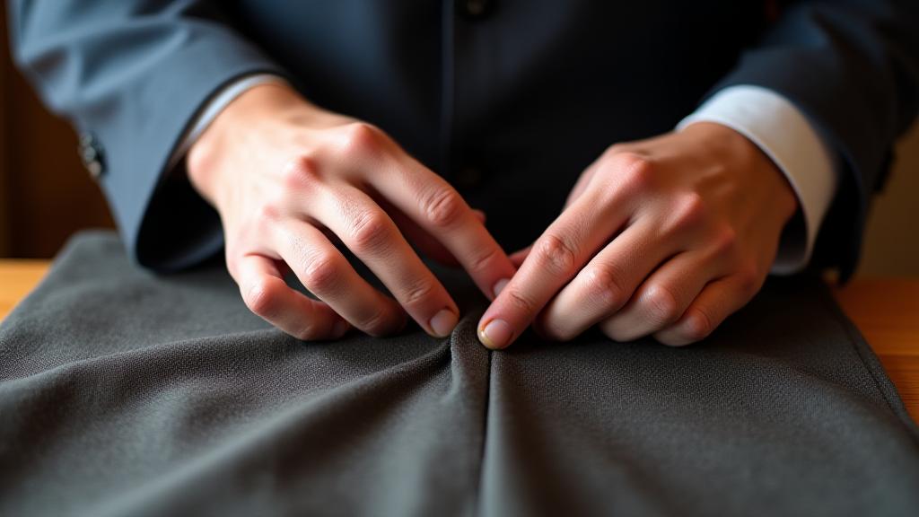 職人が繊細な手でテーラードスーツの生地を縫い合わせている様子